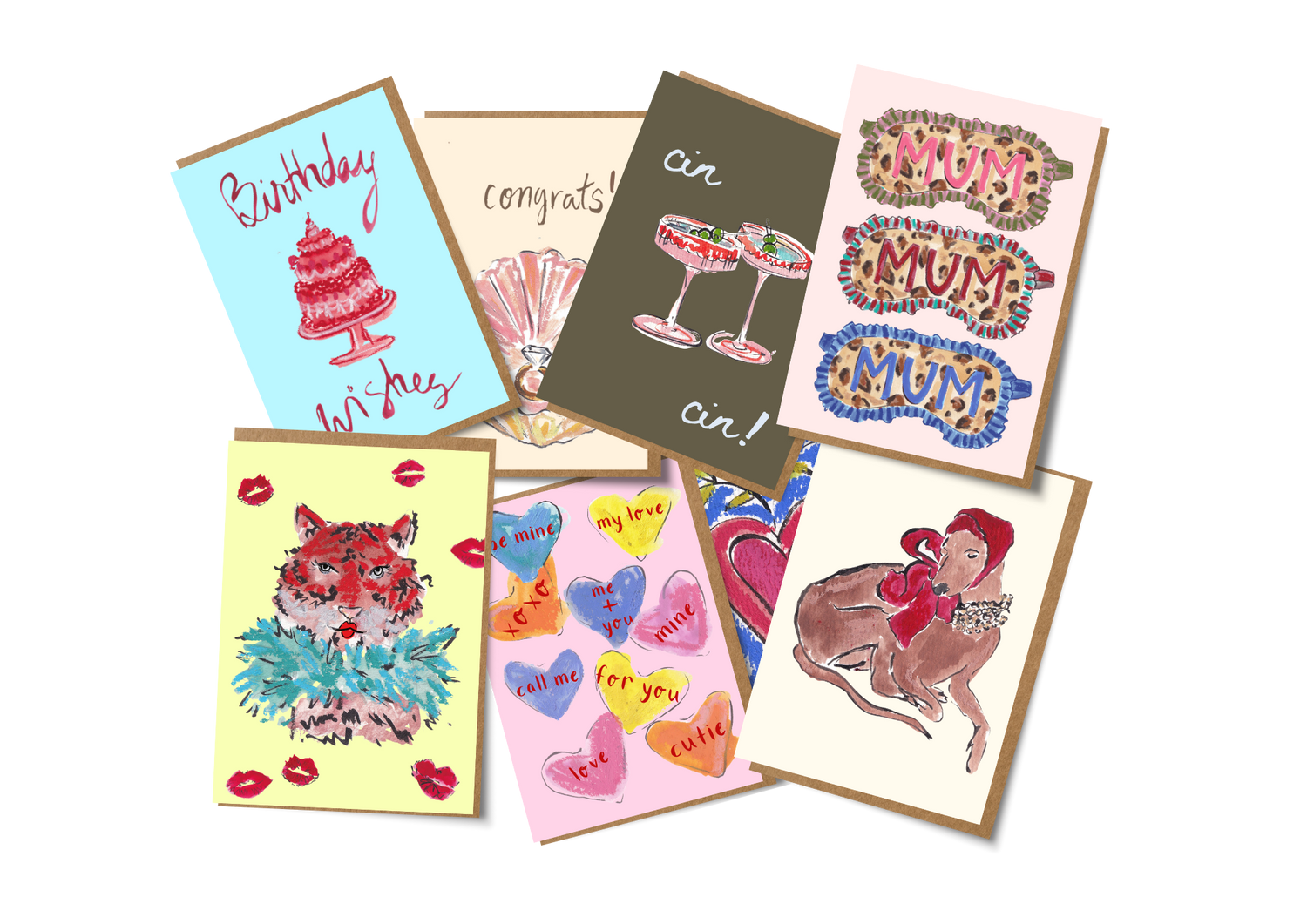 Collection of colorful greeting cards on a white background